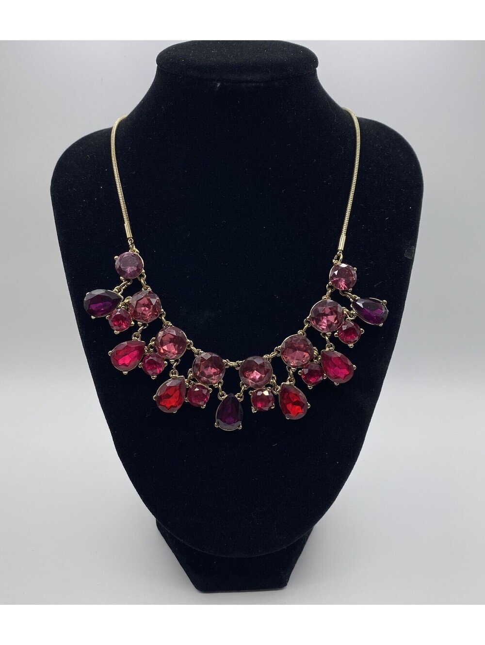 Nine West Gold Tone Red Pink Crystal Statement Bib Necklace 16-18" Adjustable